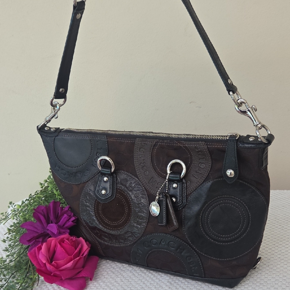 Coach Optic Black Brown Leather Shouder Bag Purse - Picture 5 of 16